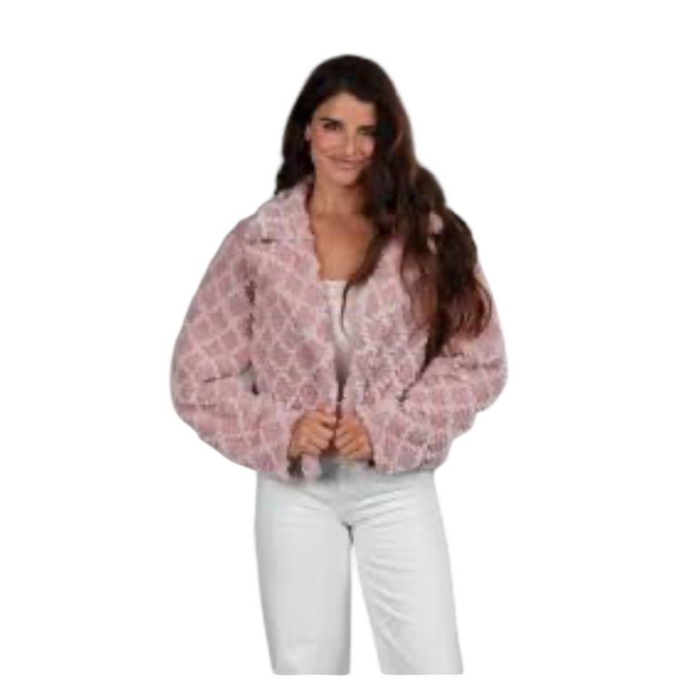 SAACHI NWOT Cozy Diamond Pattern Faux Fur Jacket Pink‎ Cropped Plush Soft Collar